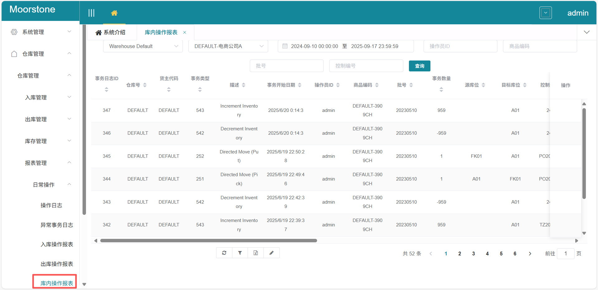 库内操作报表界面